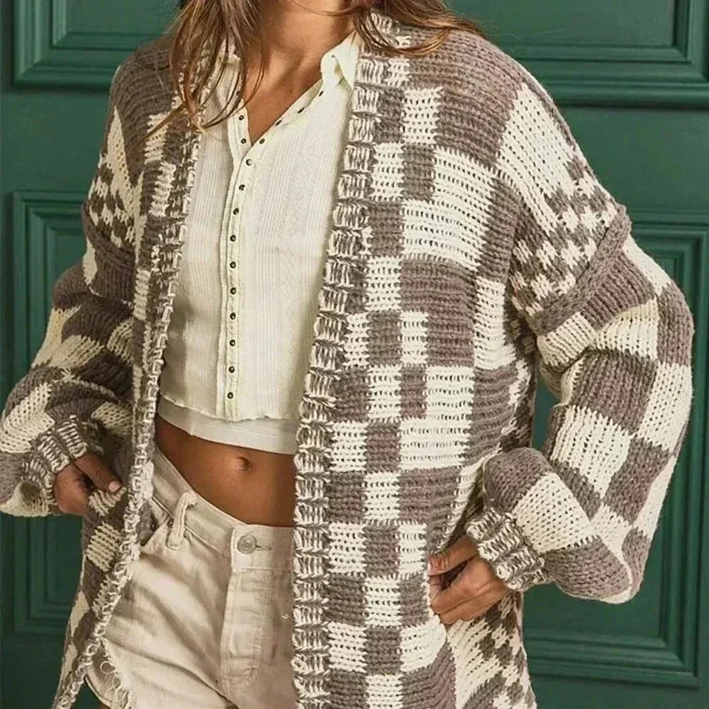Brown Casual Women's Open Front Mixed Checkered Pattern Knit Cardigan